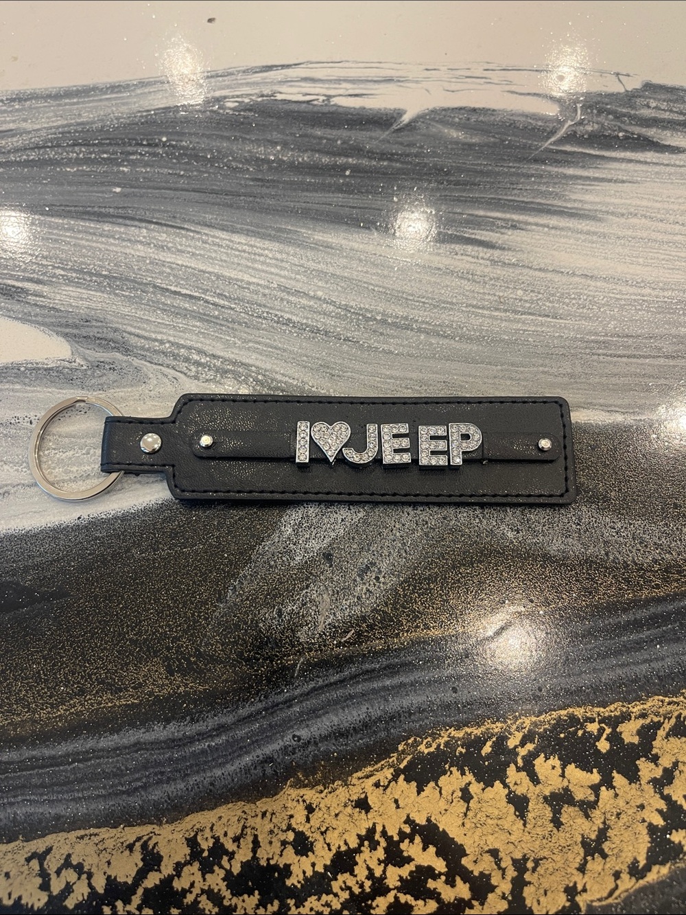 Jeep Black Leather Keychain with Rhinestone "I ♥ JEEP"